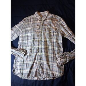 Lucky Brand Classic Fit Men Large 100% Linen‎ Button Shirt Blue Purple Check
